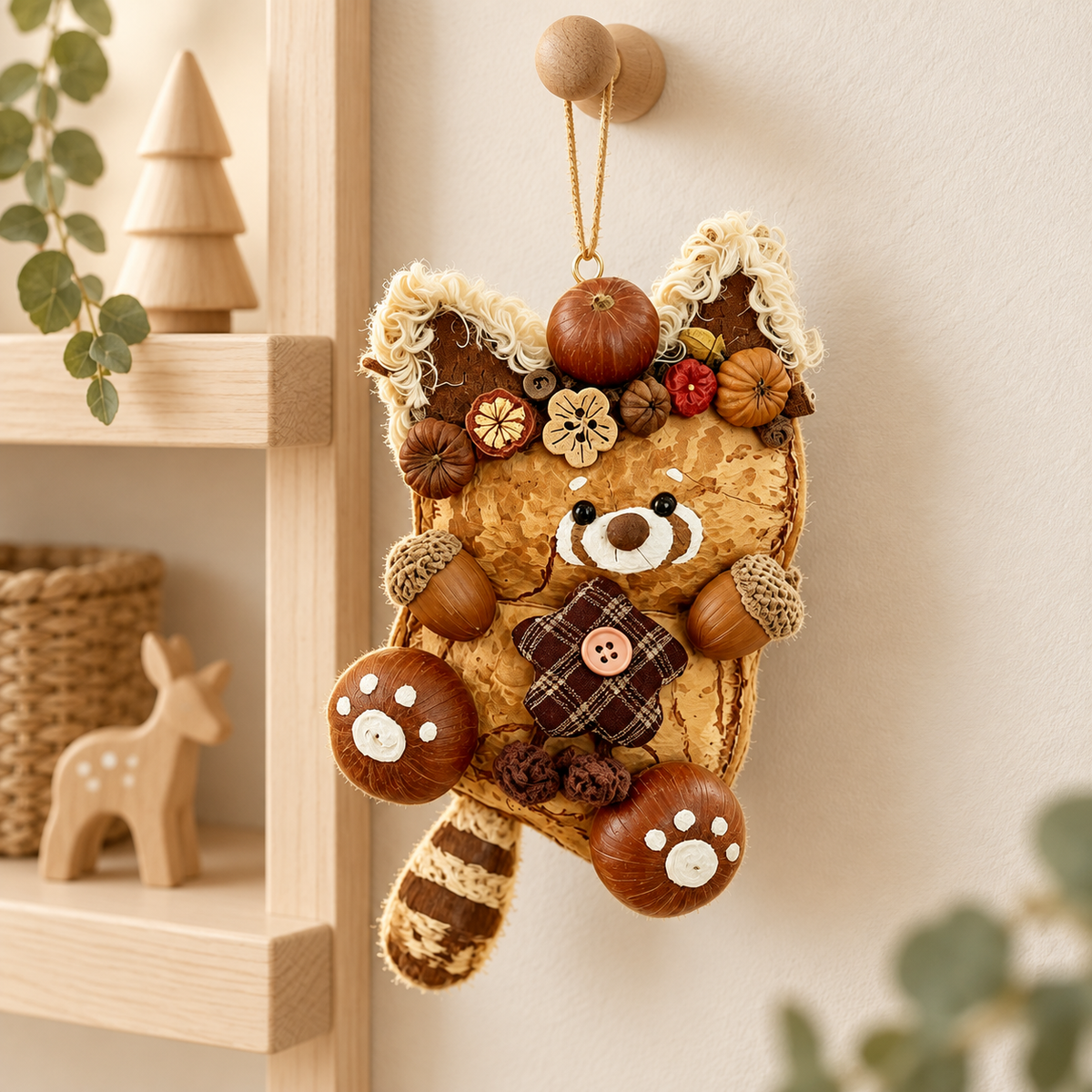 Rowan the Acorn Raccoon — Hand-Carved Forest Guardian Hanging