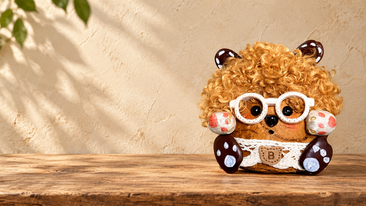 Curly Yunnan Keteng pod bag charm on a wood surface with warm botanical shadows and open space