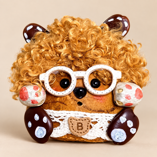 Front view of Curly, a Yunnan Keteng pod bag charm with golden curls and white round glasses