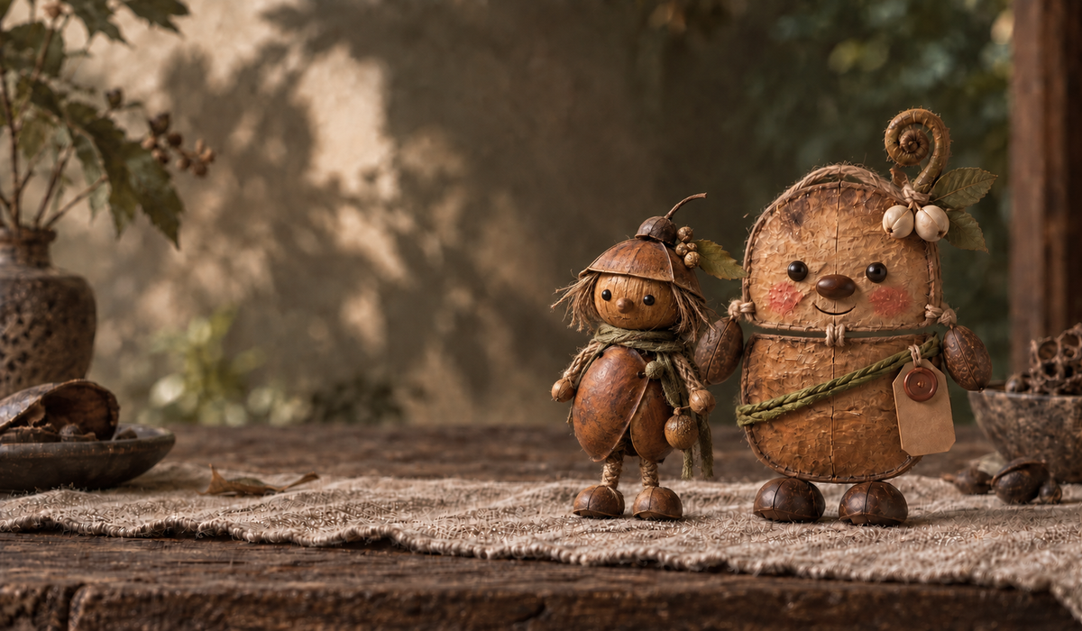 Two handcrafted botanical guardian dolls made from natural bean pods and fruit shells