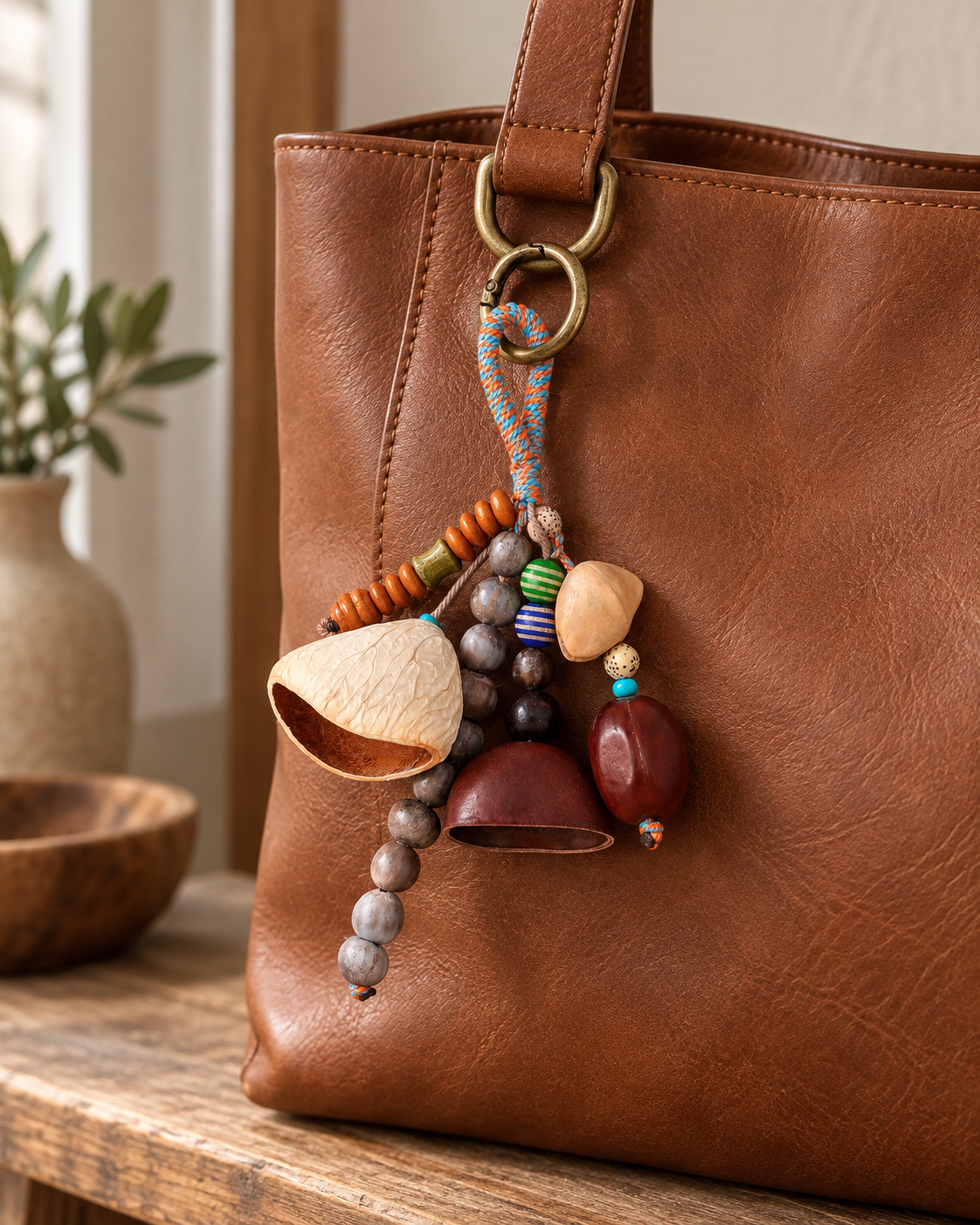 Tumble botanical shell bag charm hanging from a metal ring on an unbranded brown leather tote